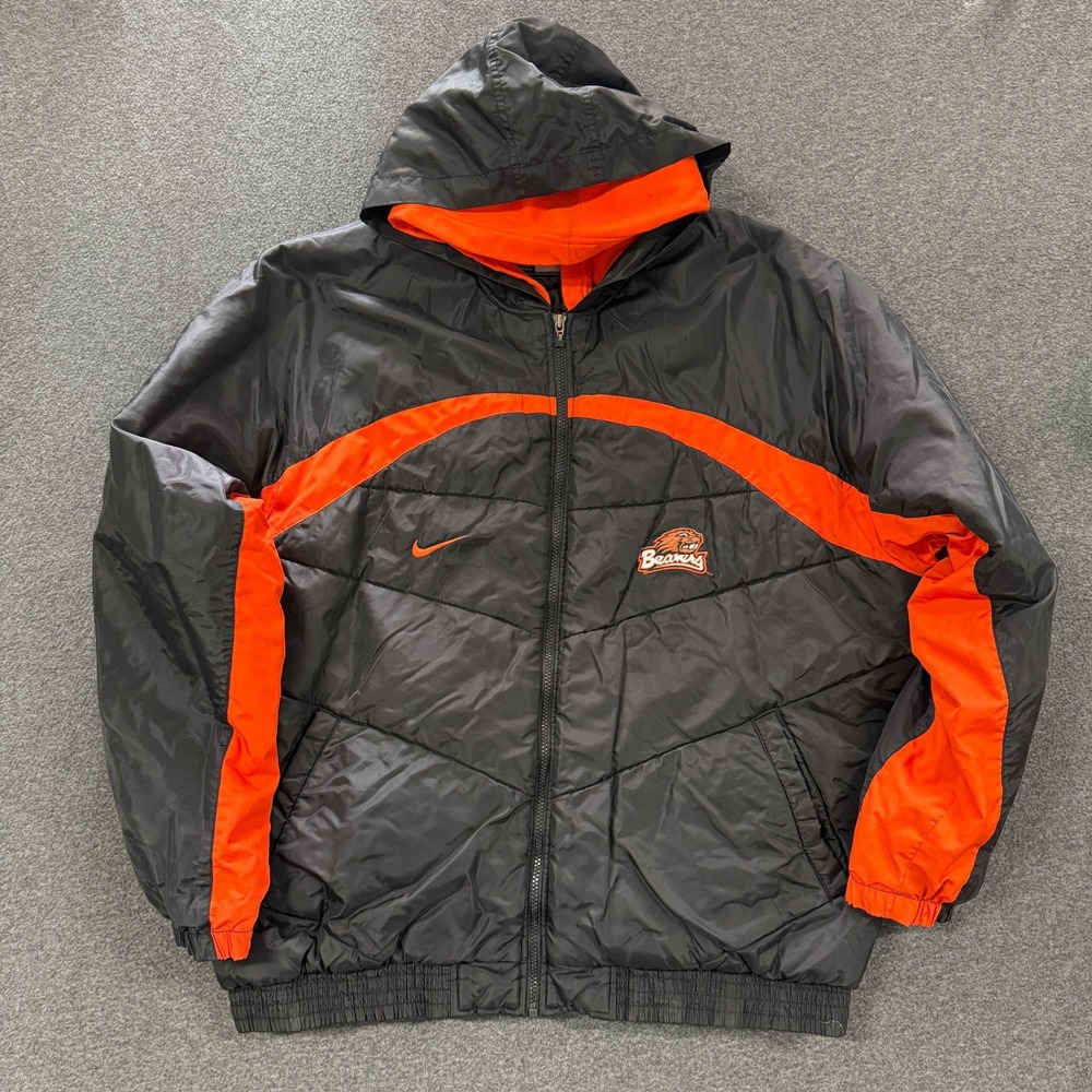 Vintage Nike Oregon State Beavers Puffer Jacket Mens XL Black Orange Good Hooded